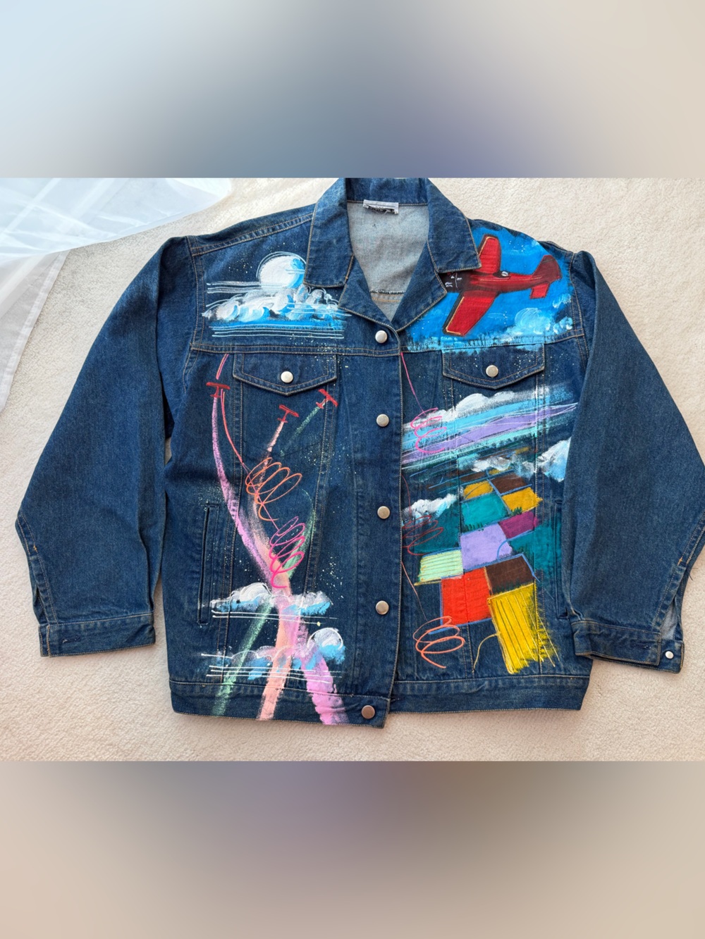 Vintage Rare Sportdeco Denim Jacket with Hand-Painted Colorful Airplane Motif